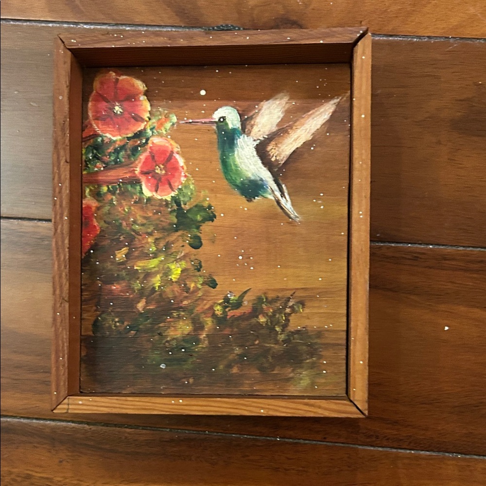 Hummingbird and Flowers Wooden Framed Art